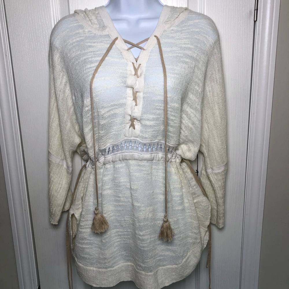 Curio Anthropologie Size S Ivory Open Knit Hooded Sweater Tunic Coastal Beachy